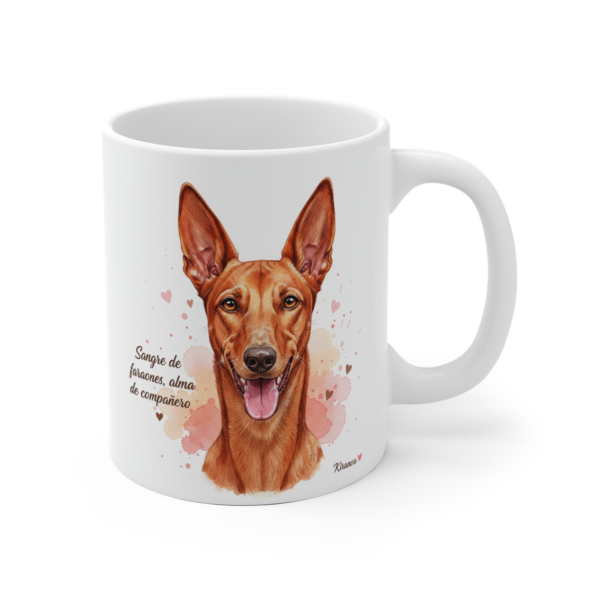 Taza cerámica Pharaoh Hound con frase Sangre de faraones alma de compañero – vista frontal