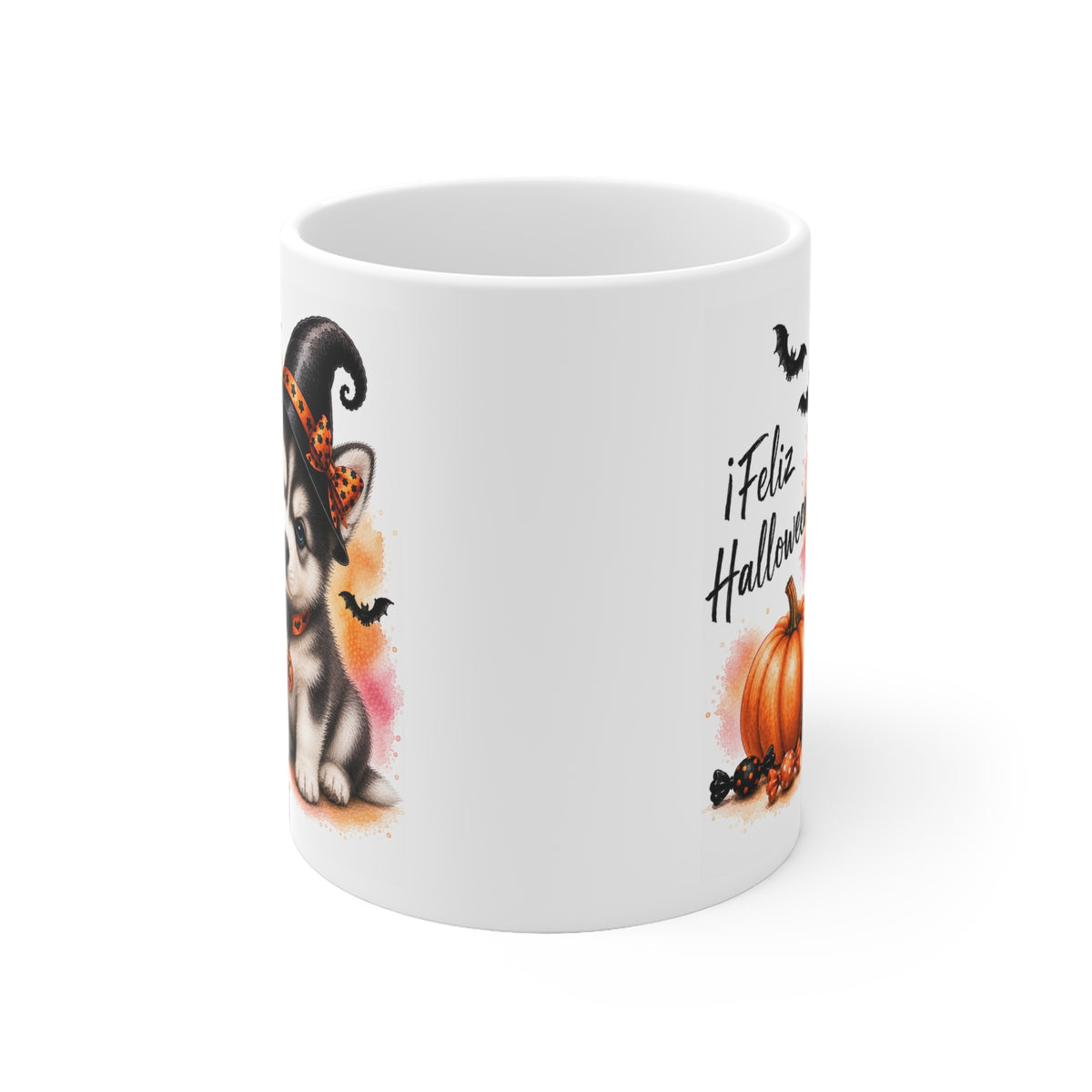 Taza cerámica Husky Siberiano 325 ml edición Halloween vista lateral Kiranoa