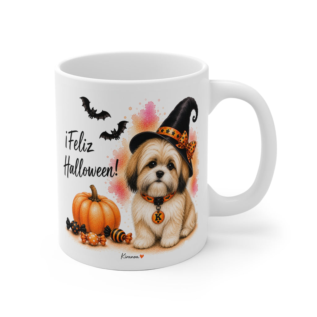 Taza cerámica Lhasa Apso Halloween con ilustración terrorífica vista frontal Kiranoa
