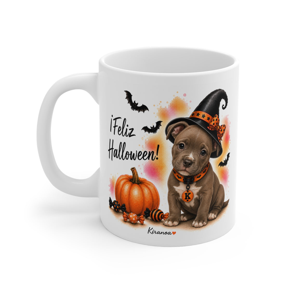 Taza cerámica Pit Bull Terrier Halloween con diseño impreso en ambas caras vista trasera Kiranoa