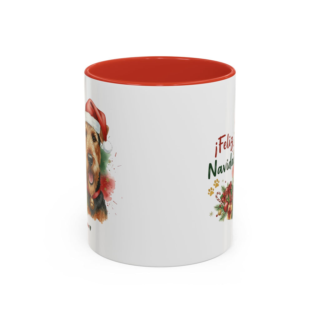 Taza Navideña Airedale Terrier con diseño navideño impreso vista lateral Kiranoa