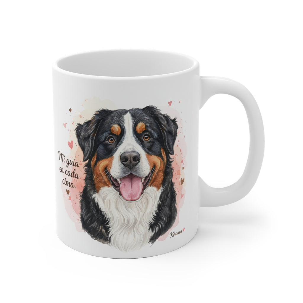 Taza cerámica Boyero de Berna con frase Mi guía en cada cima. vista frontal
