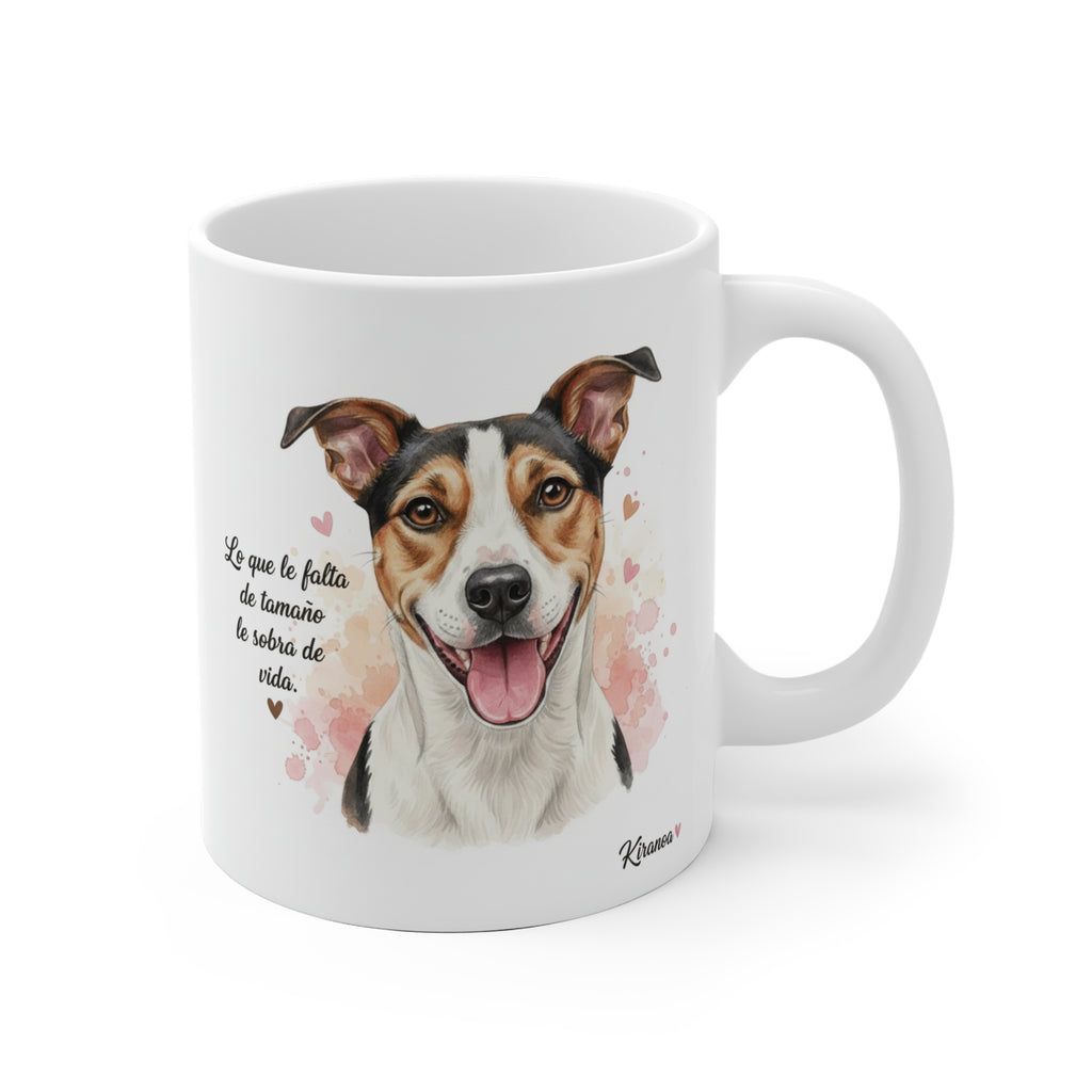 Taza cerámica Bodeguero con frase Lo que le falta de tamaño le sobra de vida – vista frontal