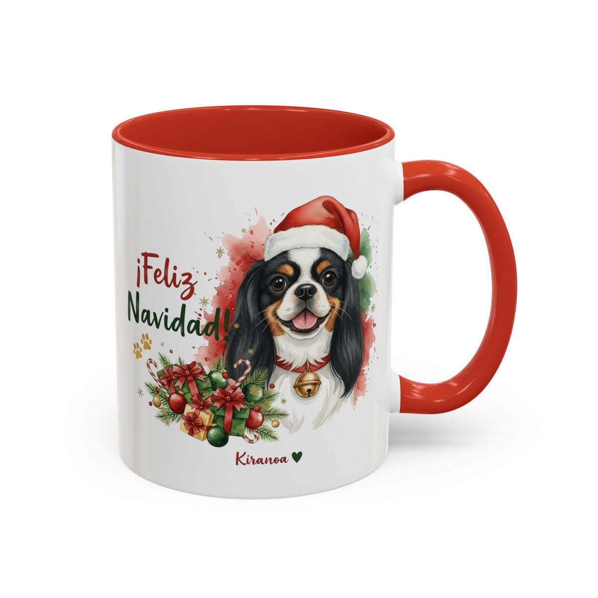 Taza Navideña Cavalier King Charles Tricolor con frase ¡Feliz Navidad! vista frontal Kiranoa