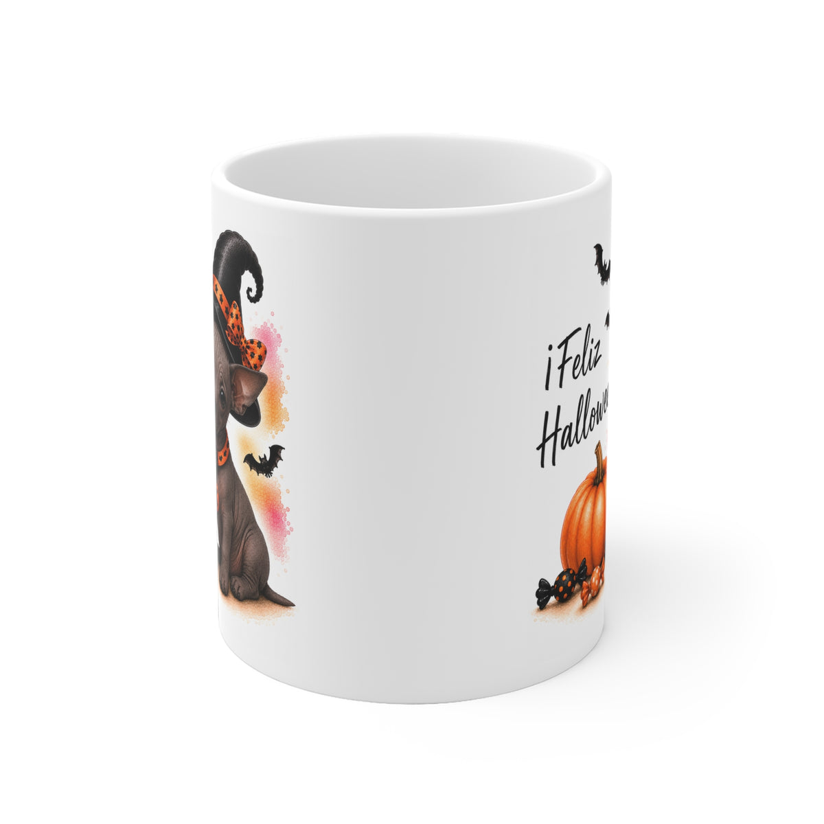 Taza cerámica Xoloitzcuintle 325 ml edición Halloween vista lateral Kiranoa