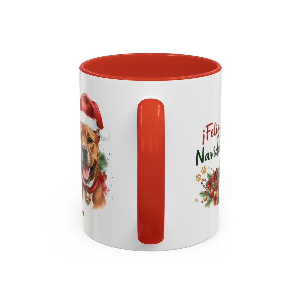 Taza Navideña American Pit Bull Terrier de 325 ml con interior y asa en rojo navideño vista lateral Kiranoa