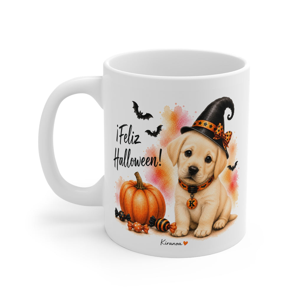 Taza cerámica Labrador Halloween con diseño impreso en ambas caras vista trasera Kiranoa
