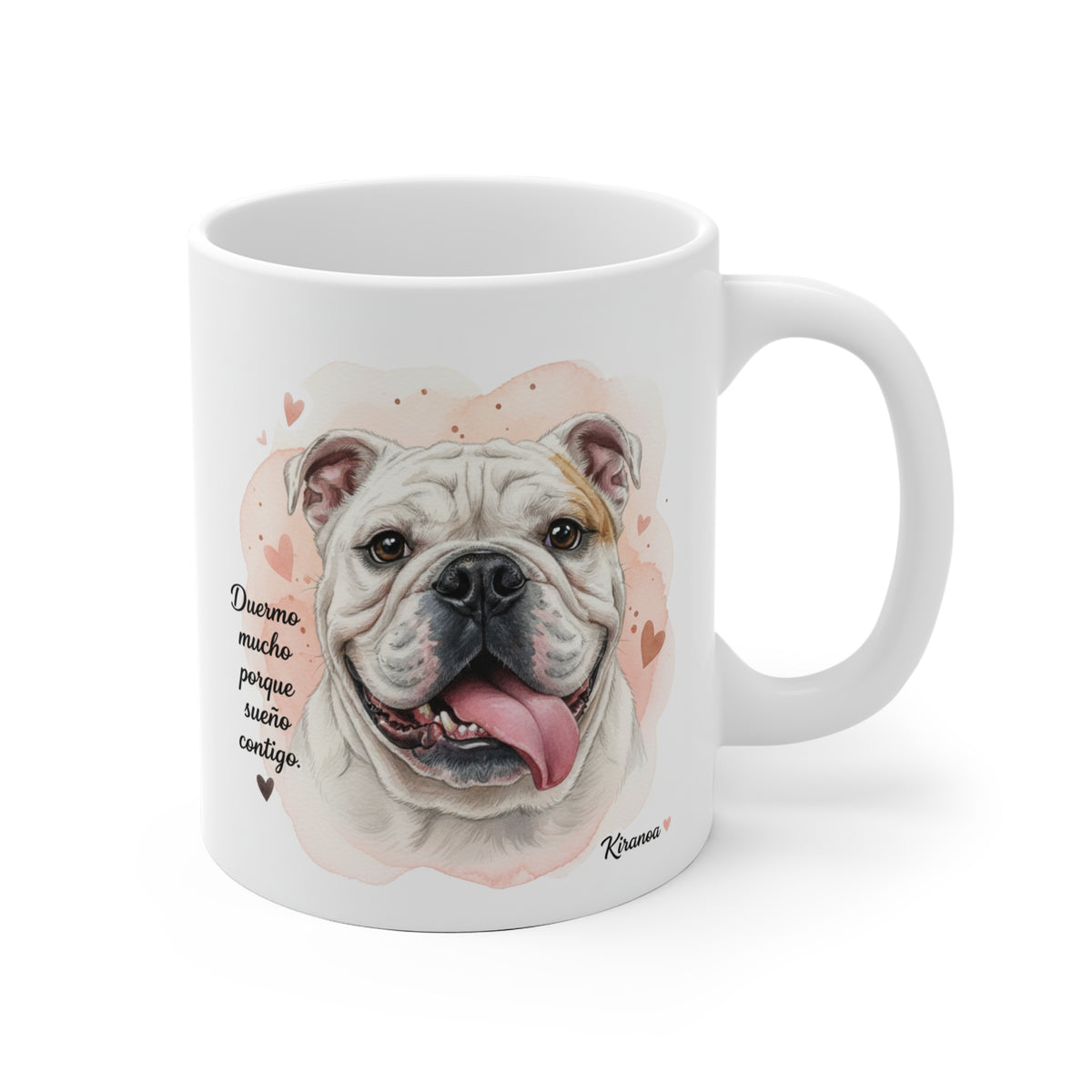 Taza cerámica Bulldog Inglés con frase Duermo mucho porque sueño contigo – vista frontal