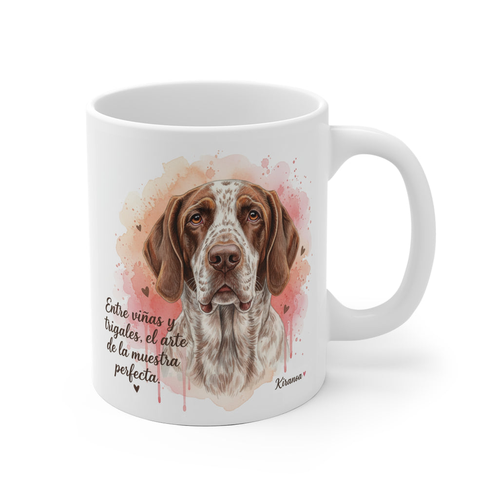 Taza cerámica Perdiguero de Burgos con frase "Entre viñas y trigales el arte de la muestra perfecta" – vista frontal