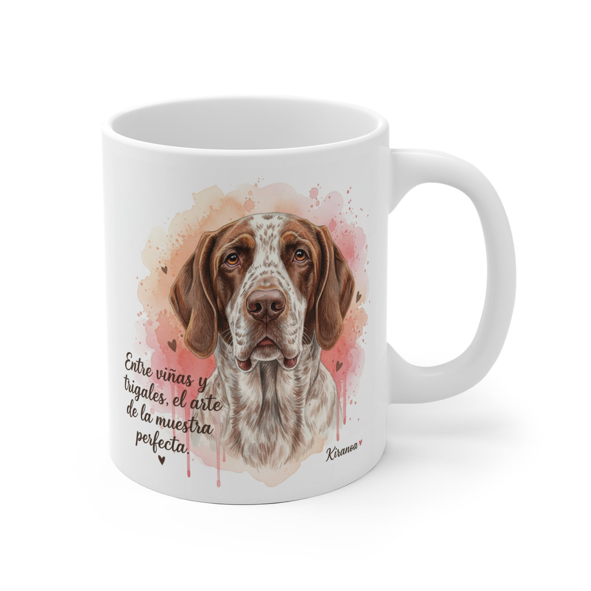 Taza cerámica Perdiguero de Burgos con frase "Entre viñas y trigales el arte de la muestra perfecta" – vista frontal