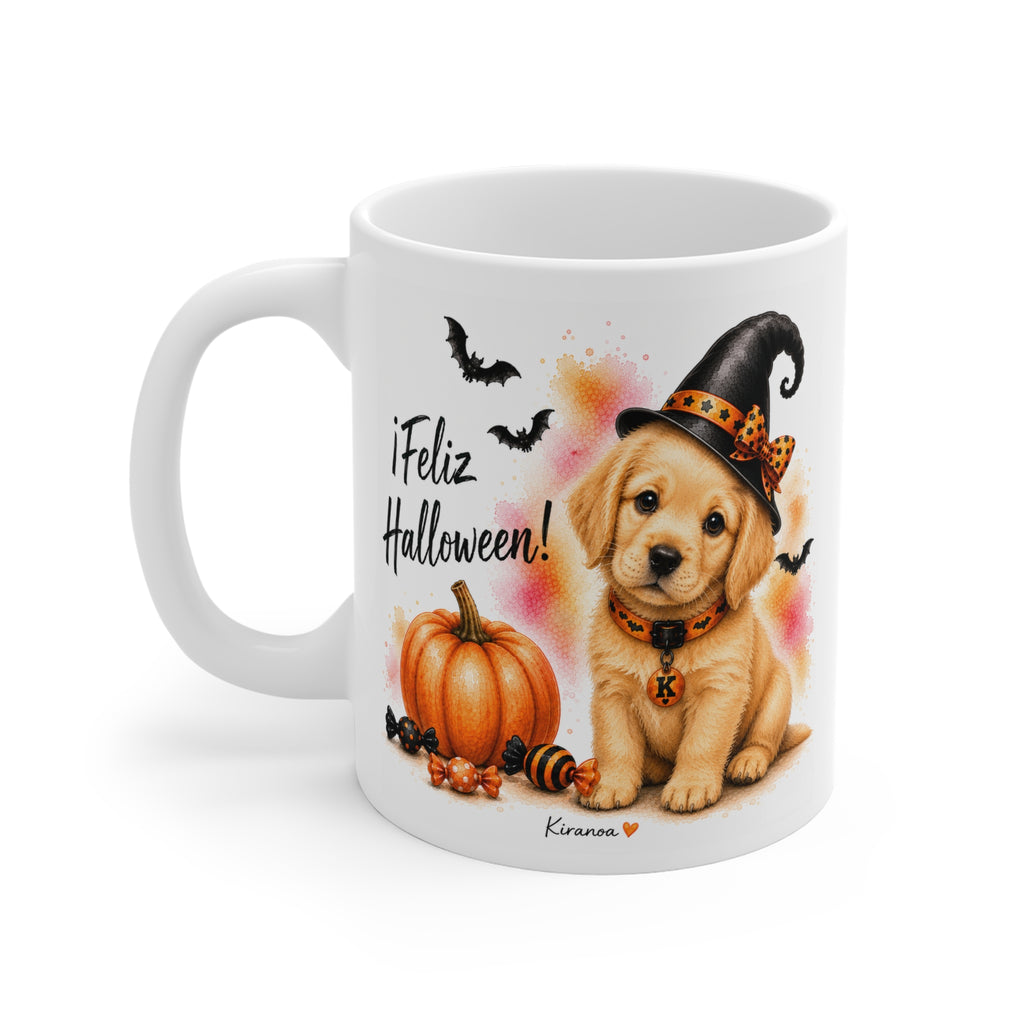 Taza cerámica Golden Retriever Halloween con diseño impreso en ambas caras vista trasera Kiranoa