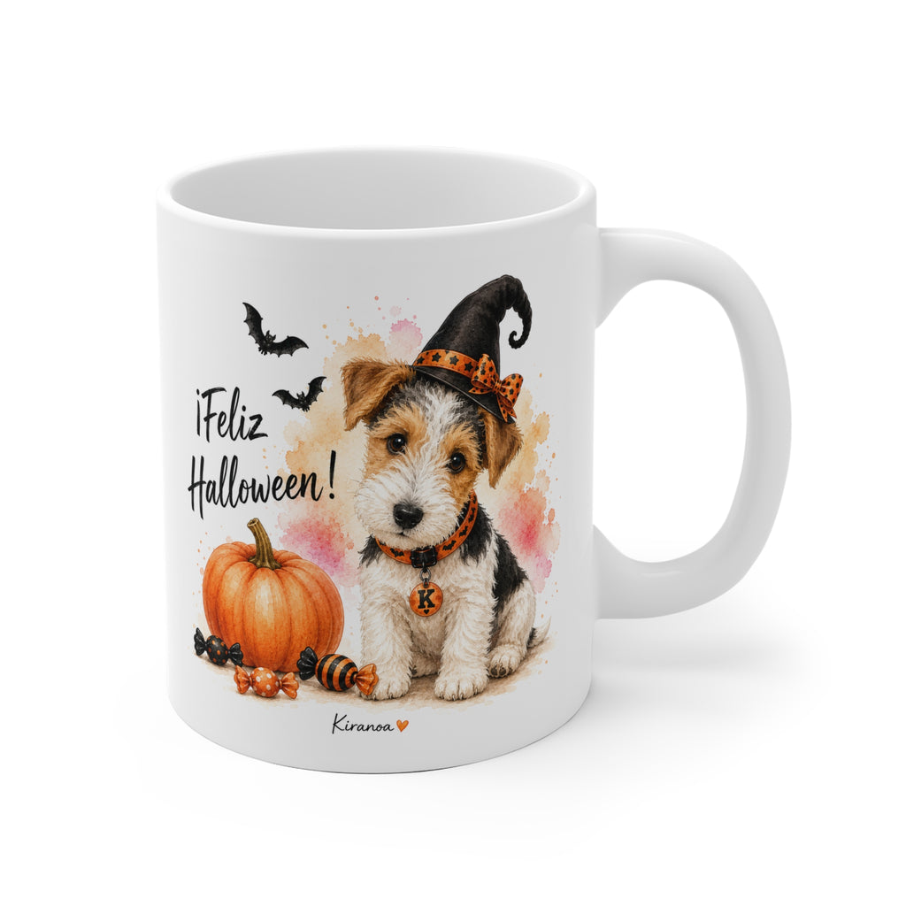 Taza cerámica Fox Terrier Halloween con ilustración terrorífica vista frontal Kiranoa