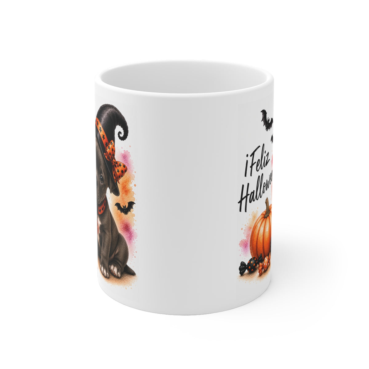 Taza cerámica Staffordshire Bull Terrier 325 ml edición Halloween vista lateral Kiranoa