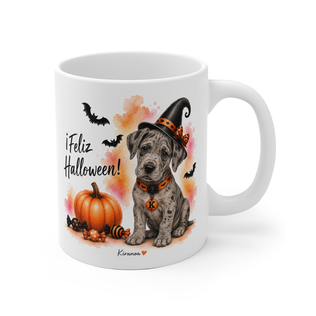 Taza cerámica Gran Danés Arlequín Halloween con ilustración terrorífica – vista frontal