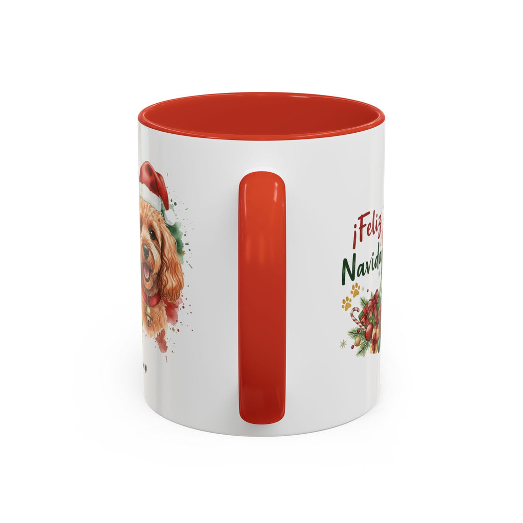 Taza Navideña Caniche Albaricoque de 325 ml con interior y asa en rojo navideño vista lateral Kiranoa