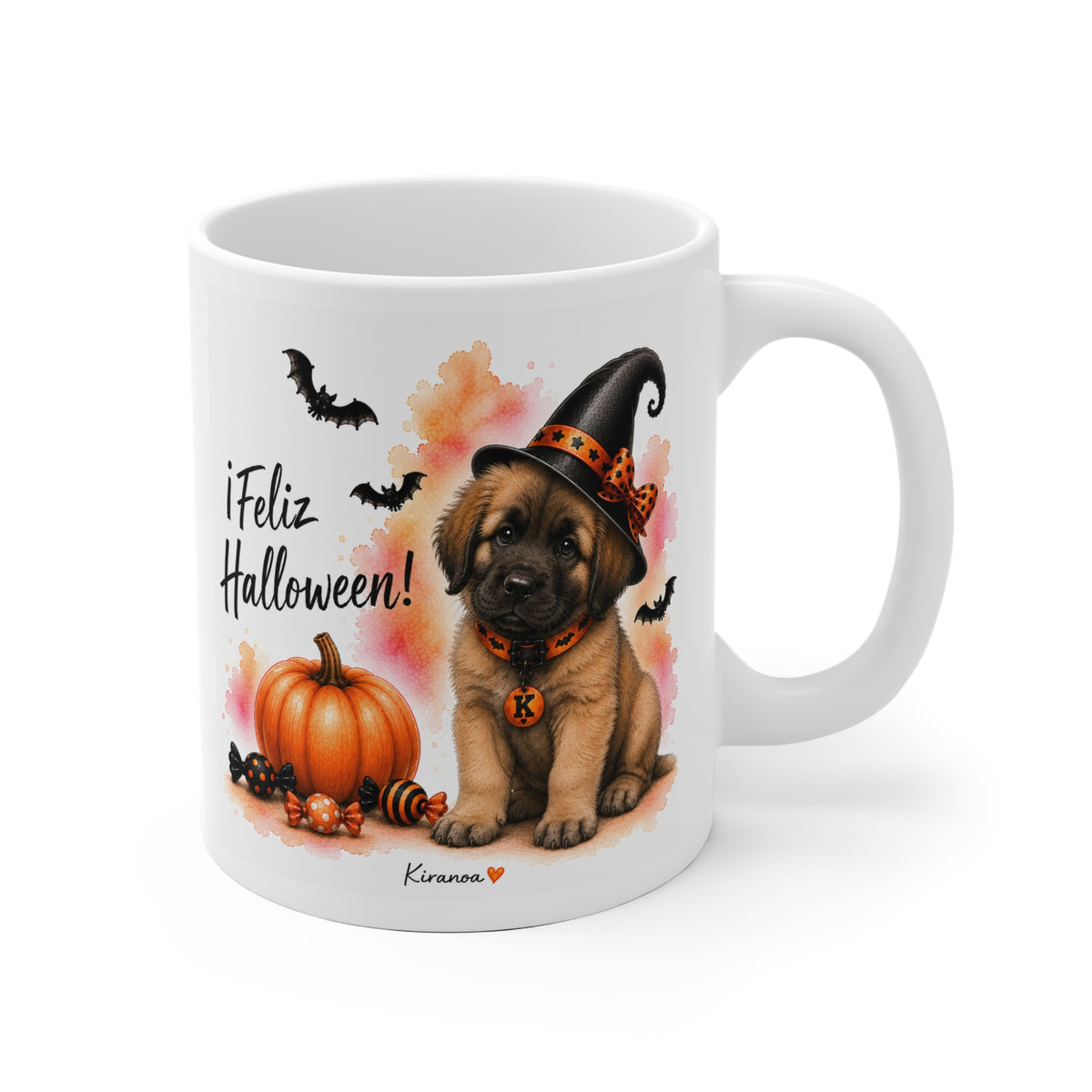 Taza cerámica Leonberger Halloween con ilustración terrorífica vista frontal Kiranoa