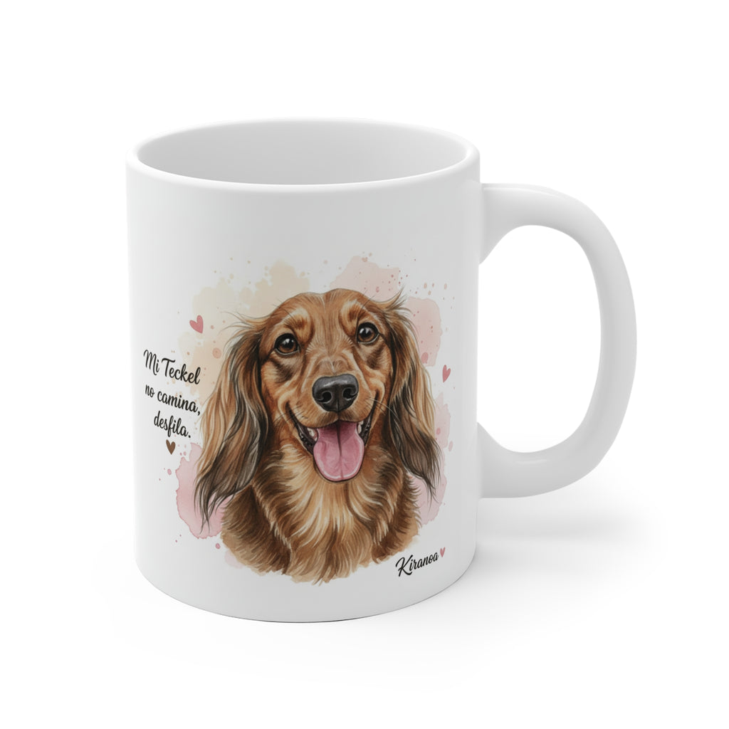 Taza cerámica Dachshund Pelo Largo con frase Mi Teckel no camina, desfila – vista frontal
