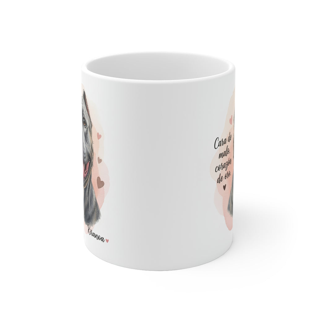 Taza American Bully con diseño por ambas caras de la frase "Cara de malo, corazón de oro" vista lateral