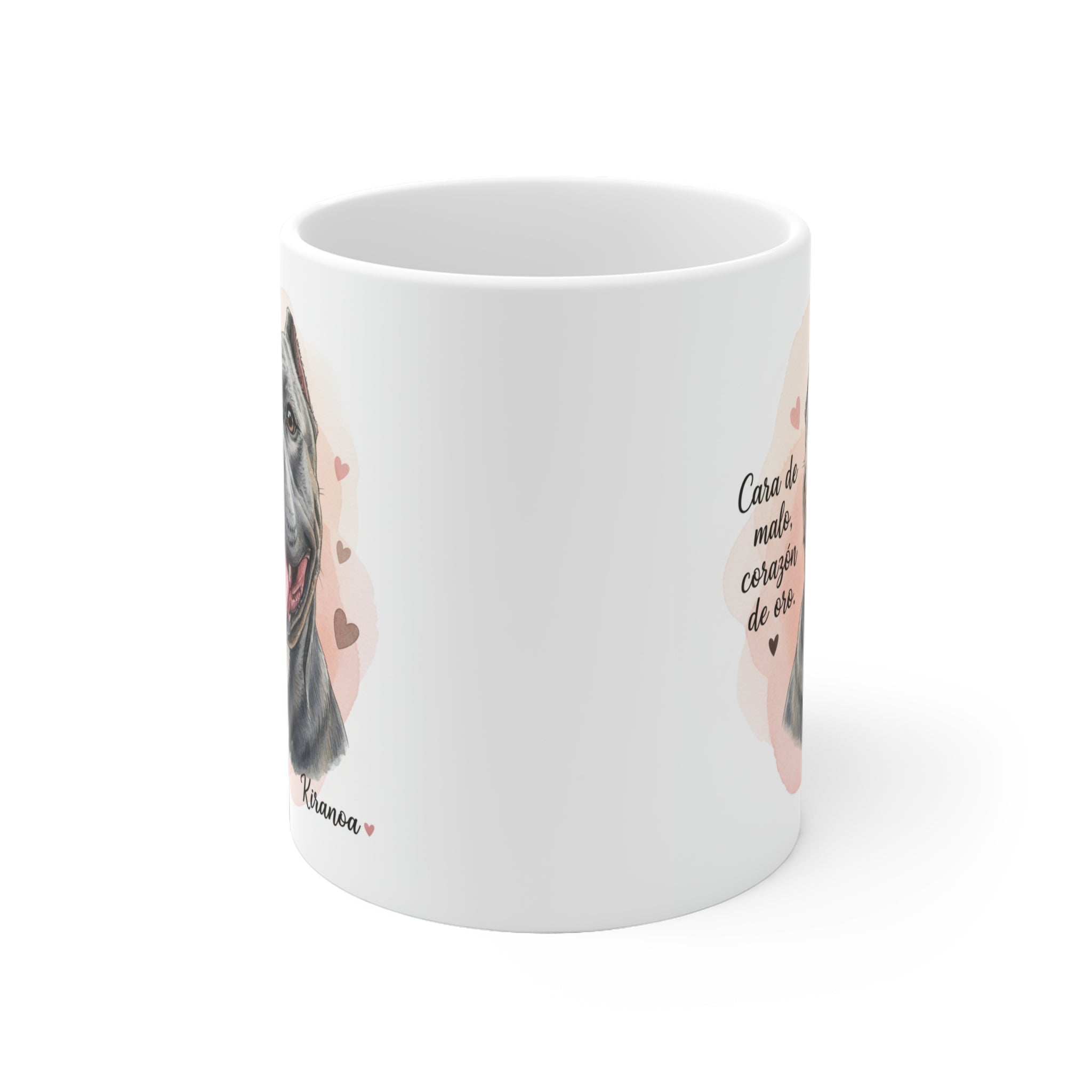 Taza American Bully con diseño por ambas caras de la frase "Cara de malo, corazón de oro" vista lateral