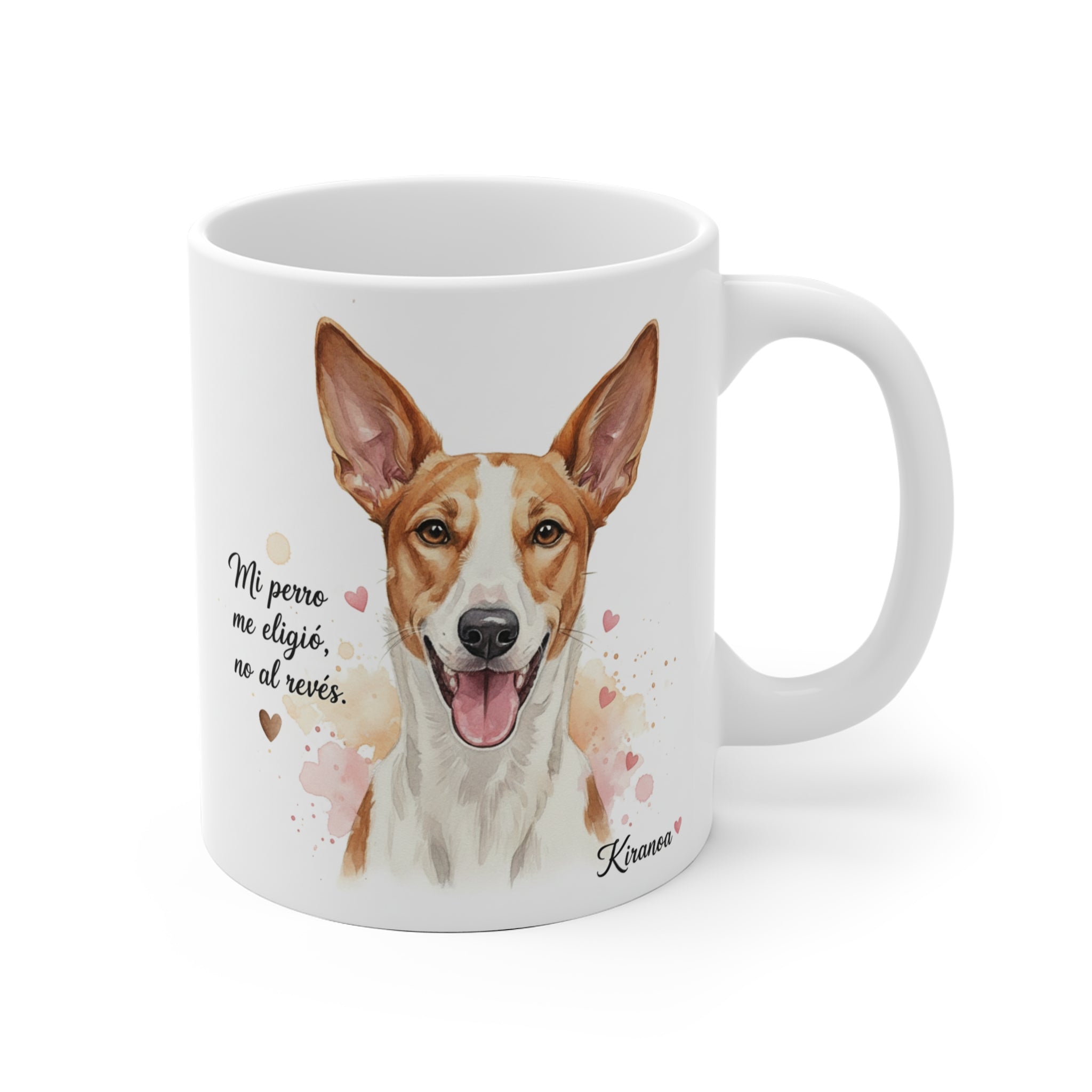 Taza cerámica Podenco con frase Mi perro me eligió no al revés – vista frontal