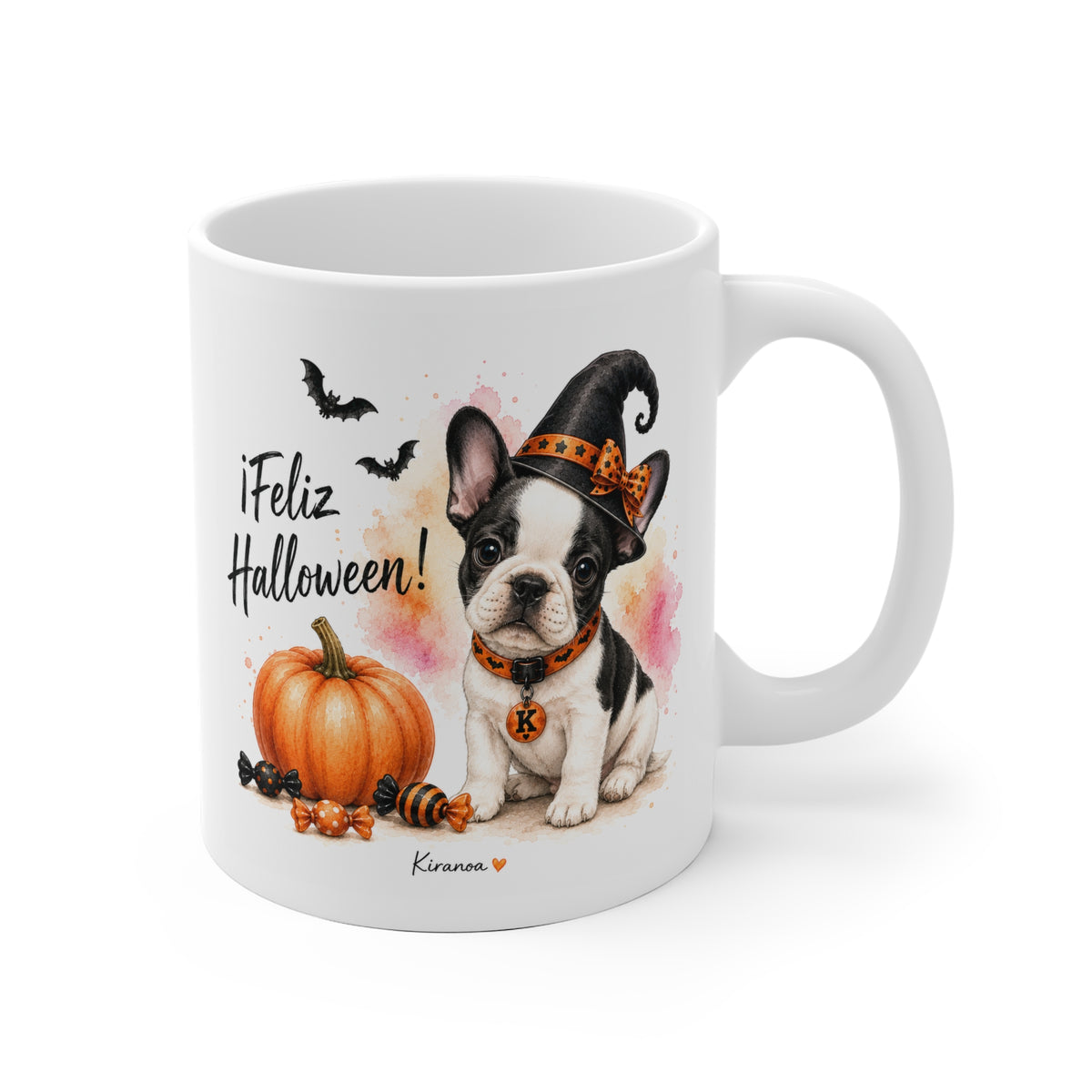 Taza cerámica Bulldog Francés Halloween con ilustración terrorífica vista frontal Kiranoa
