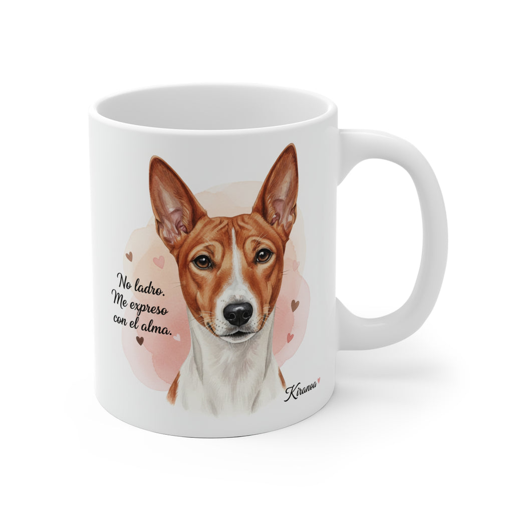 Taza de cerámica de 325 ml con ilustración de un Basenji y la frase No ladro, me expreso con el alma