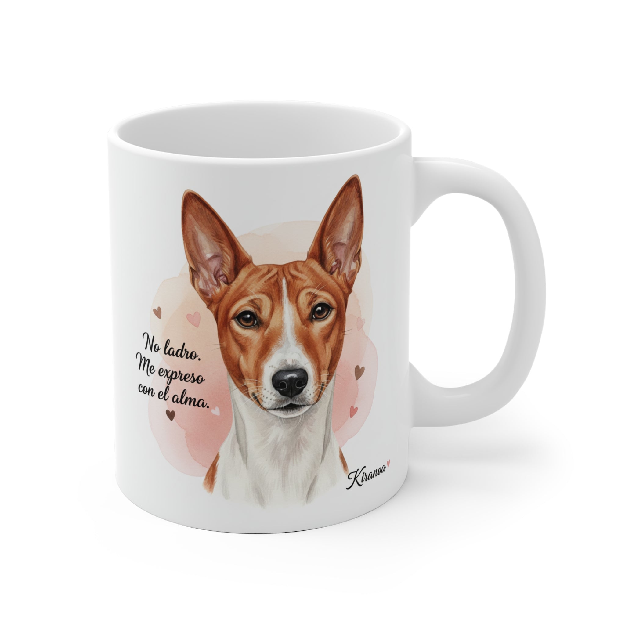 Taza de cerámica de 325 ml con ilustración de un Basenji y la frase No ladro, me expreso con el alma