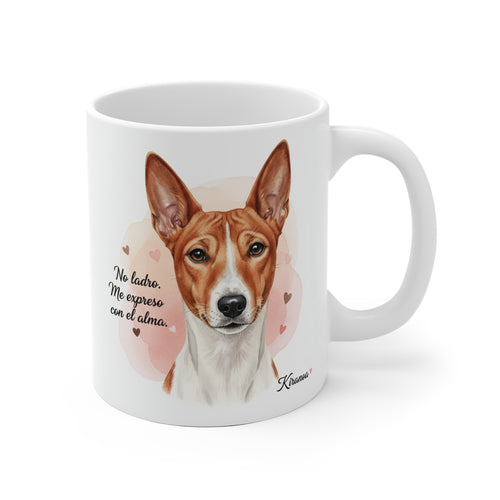 Taza de cerámica de 325 ml con ilustración de un Basenji y la frase No ladro, me expreso con el alma