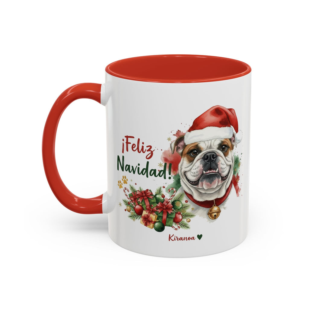 Taza Navideña Bulldog Inglés con interior y asa roja vista trasera Kiranoa