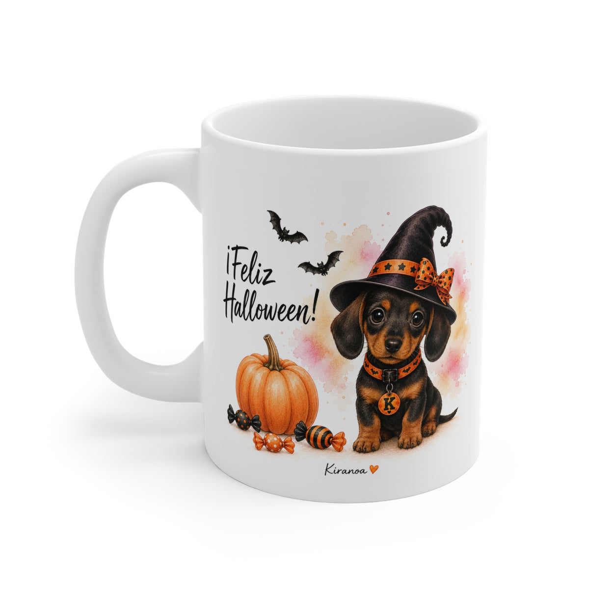 Taza cerámica Dachshund Halloween con diseño impreso en ambas caras vista trasera Kiranoa