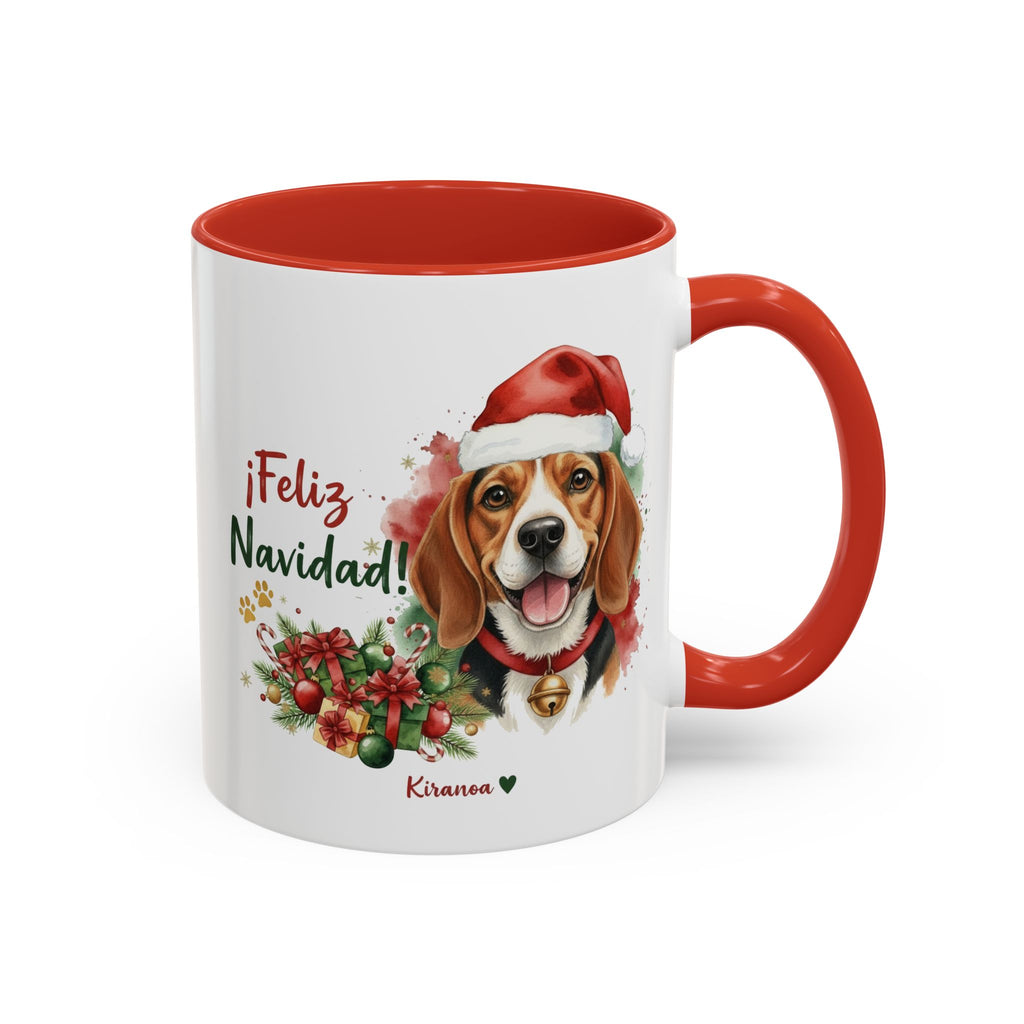 Taza Navideña Beagle con frase ¡Feliz Navidad! vista frontal Kiranoa