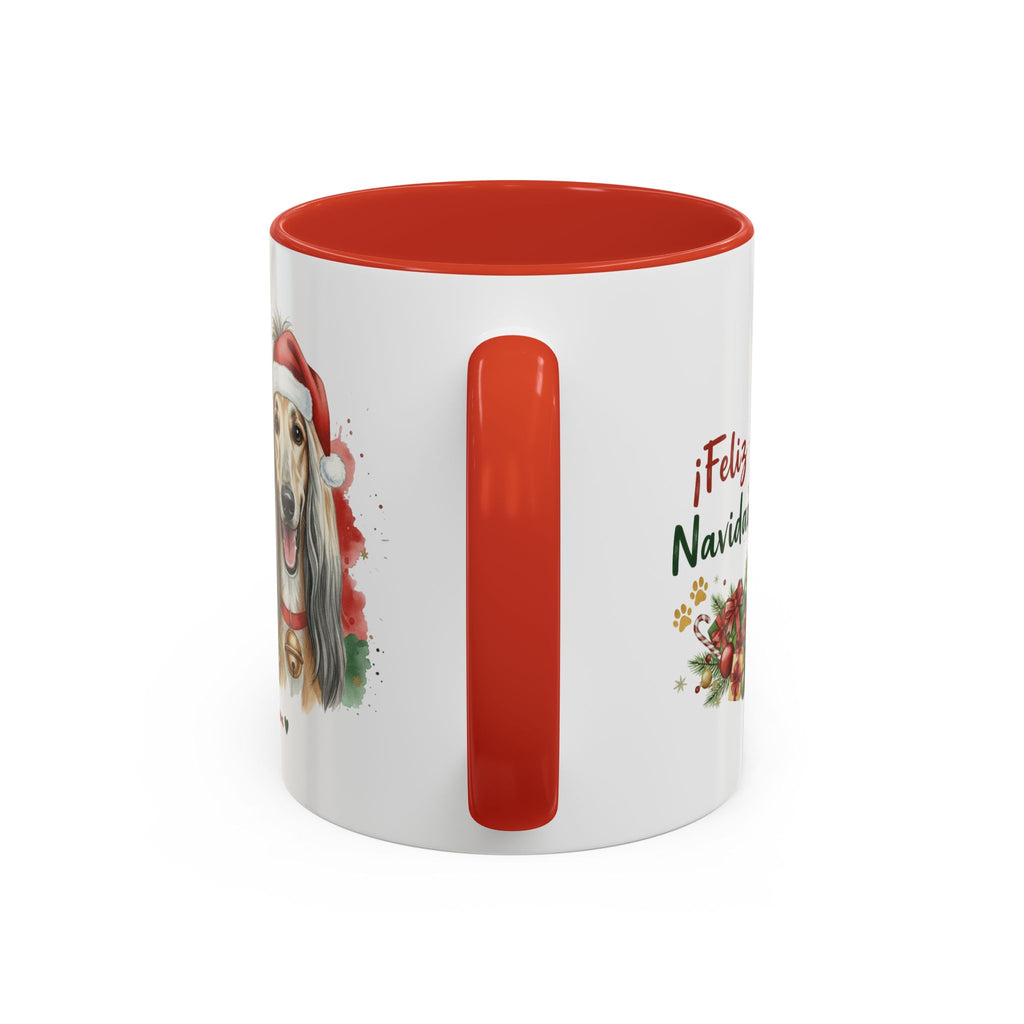 Taza Navideña Galgo Afgano de 325 ml con interior y asa en rojo navideño vista lateral Kiranoa