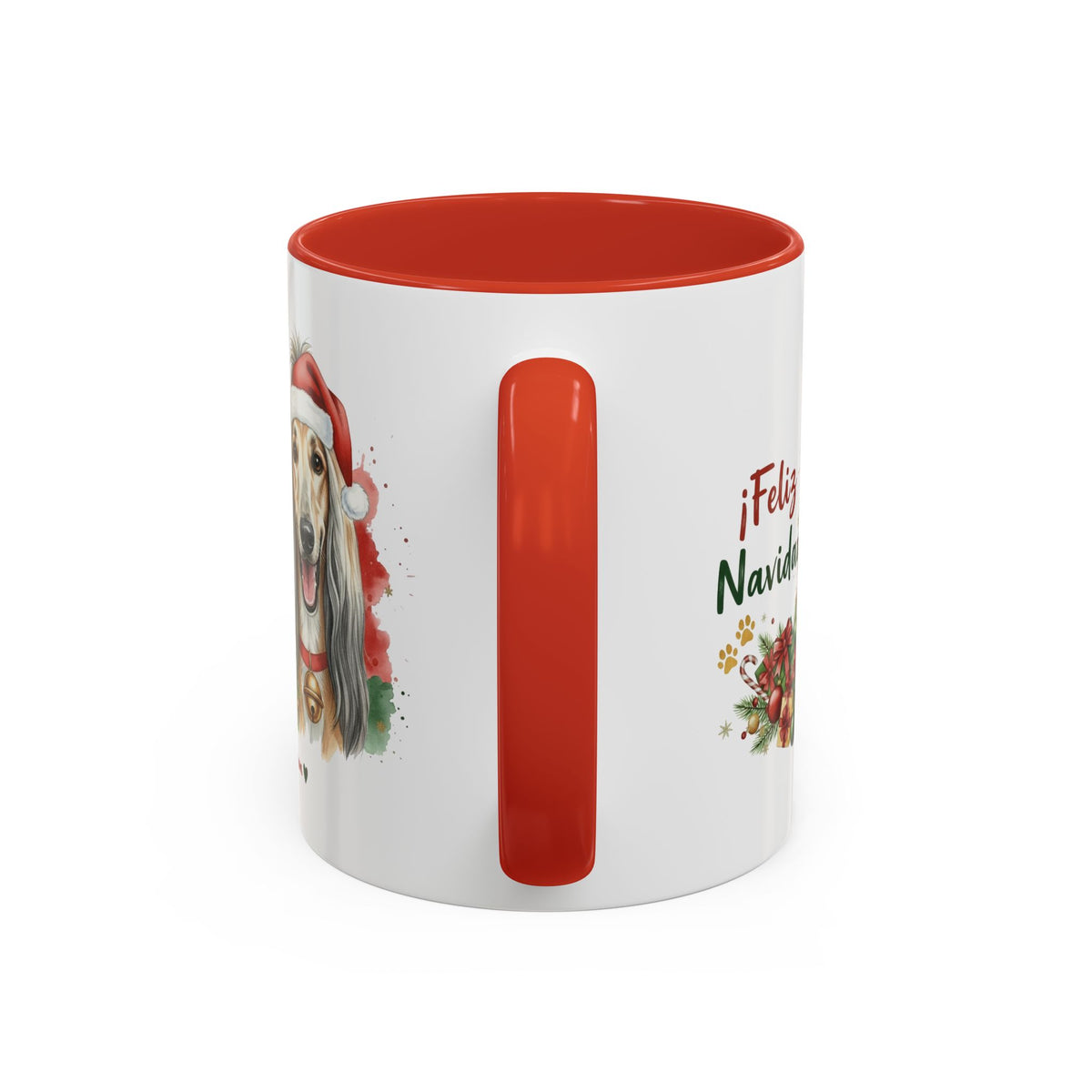 Taza Navideña Galgo Afgano de 325 ml con interior y asa en rojo navideño vista lateral Kiranoa