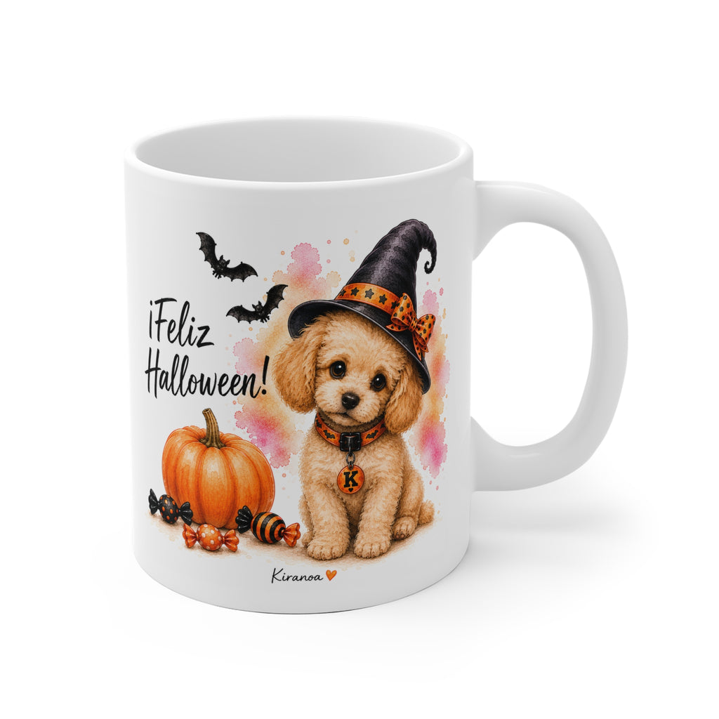 Taza cerámica Caniche Halloween con ilustración terrorífica vista frontal Kiranoa