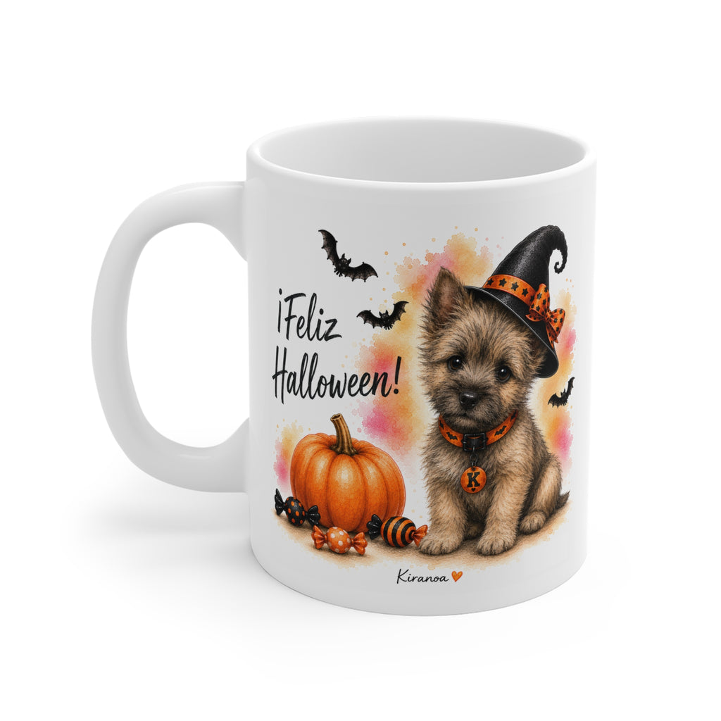 Taza cerámica Cairn Terrier Halloween con diseño impreso en ambas caras vista trasera Kiranoa