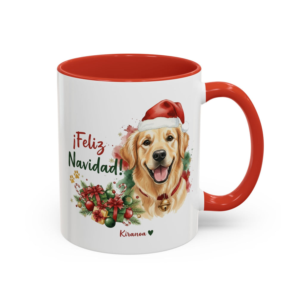Taza Navideña Golden Retriever con frase ¡Feliz Navidad! vista frontal Kiranoa