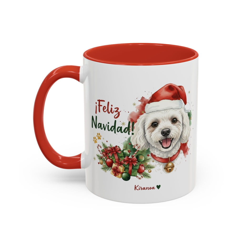 Taza Navideña Caniche Toy con interior y asa roja vista trasera Kiranoa