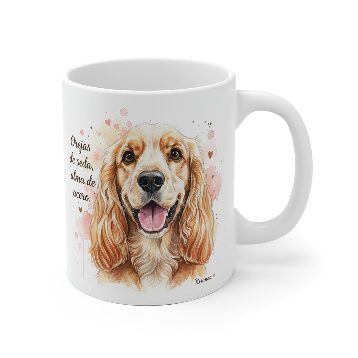 Taza cerámica Cocker Spaniel Inglés con frase Orejas de seda alma de acero – vista frontal