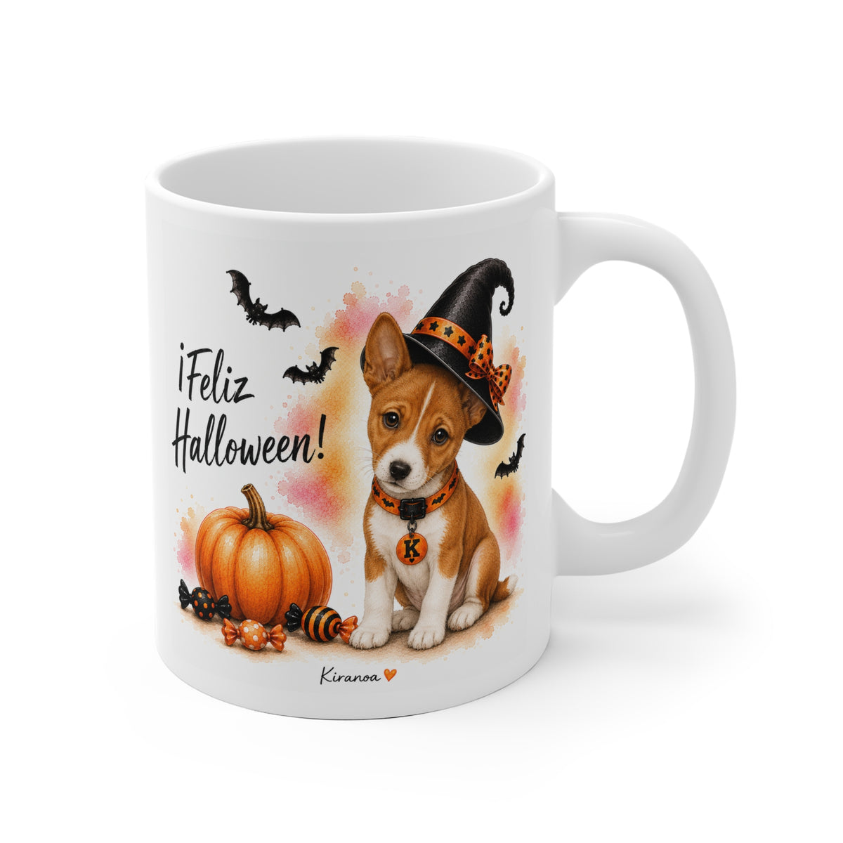 Taza cerámica Basenji Halloween con ilustración terrorífica vista frontal Kiranoa