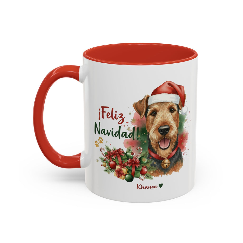 Taza Navideña Airedale Terrier con interior y asa roja vista trasera Kiranoa