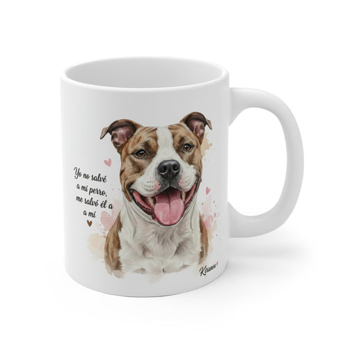 Taza de cerámica de 325 ml con ilustración de un American Staffordshire Terrier y la frase Yo no salvé a mi perro, me salvó él a mí.