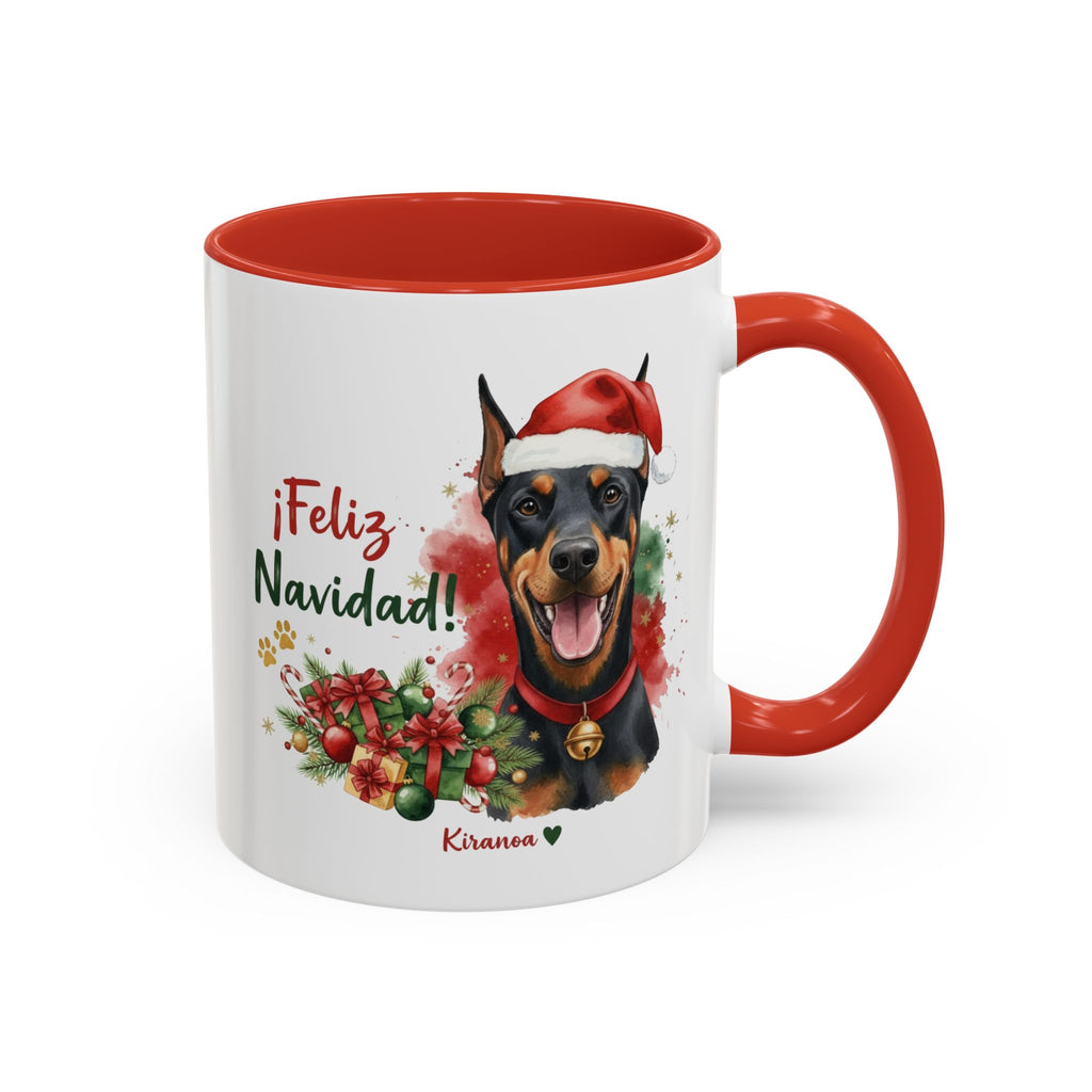 Taza Navideña Dóberman con frase ¡Feliz Navidad! vista frontal Kiranoa