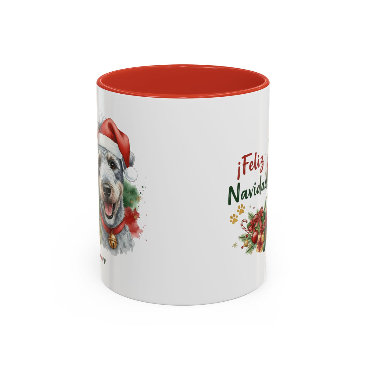 Taza Navideña Bedlington Terrier con diseño navideño impreso vista lateral Kiranoa