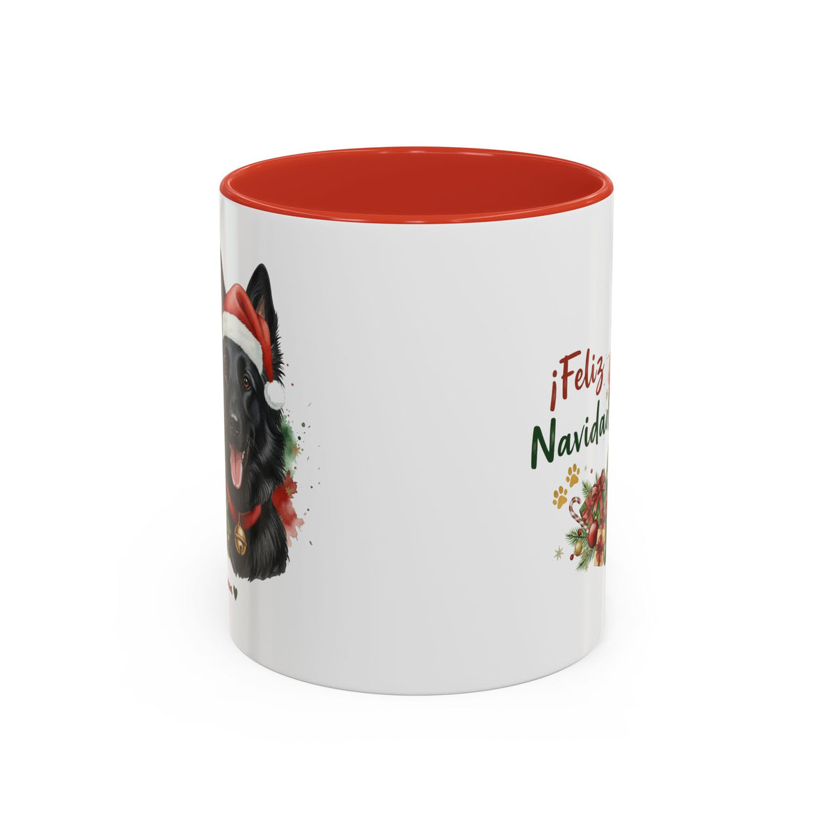 Taza Navideña Pastor Belga Groenendael con diseño navideño impreso vista lateral Kiranoa