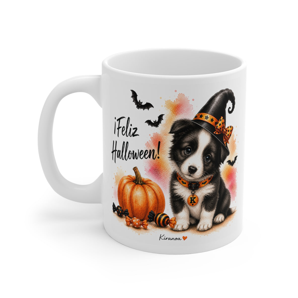 Taza cerámica Border Collie Halloween con diseño impreso en ambas caras vista trasera Kiranoa