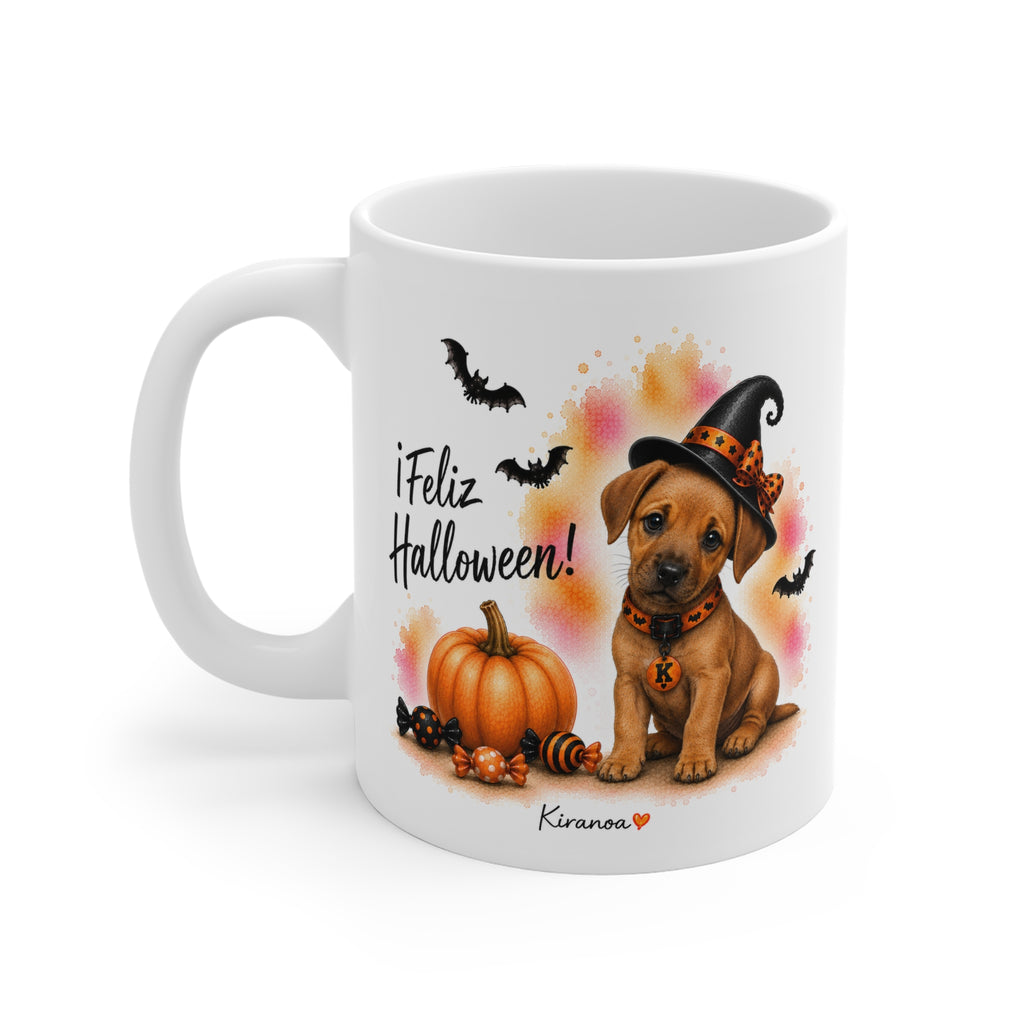 Taza cerámica Rhodesian Ridgeback Halloween con diseño impreso en ambas caras vista trasera Kiranoa