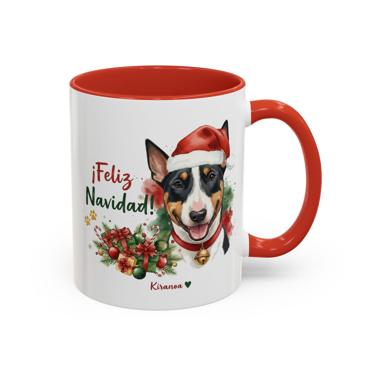Taza Navideña Bull Terrier Tricolor con frase ¡Feliz Navidad! vista frontal Kiranoa