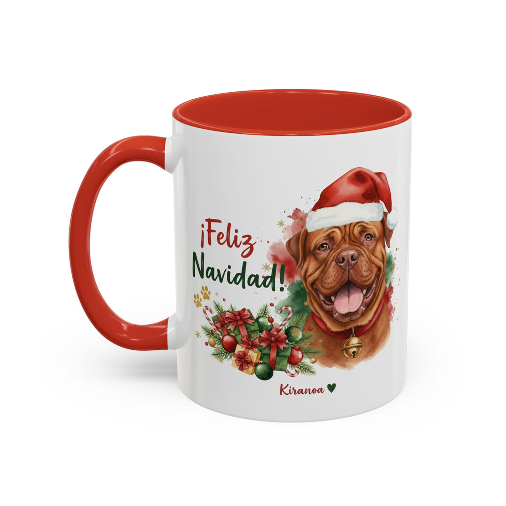 Taza Navideña Dogo de Burdeos con interior y asa roja vista trasera Kiranoa
