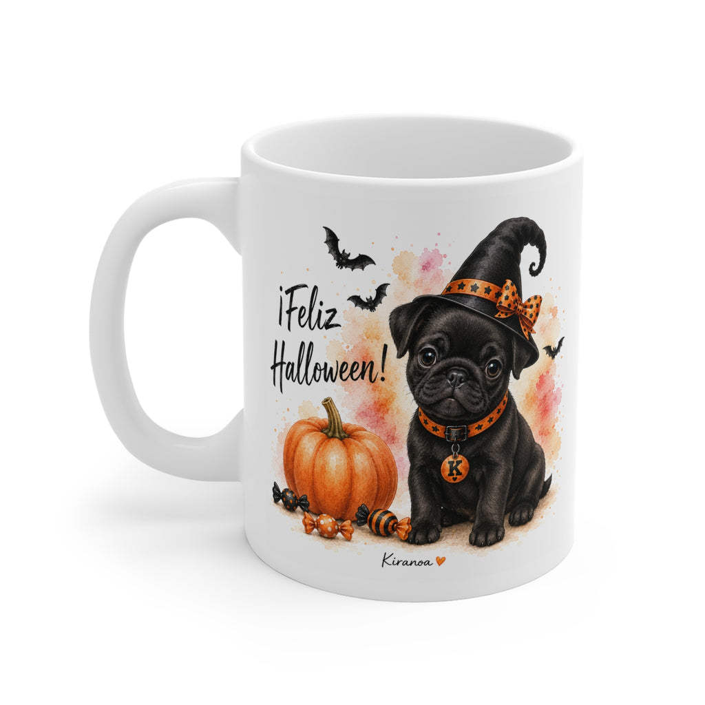 Taza cerámica Carlino Pug Halloween con diseño impreso en ambas caras vista trasera Kiranoa