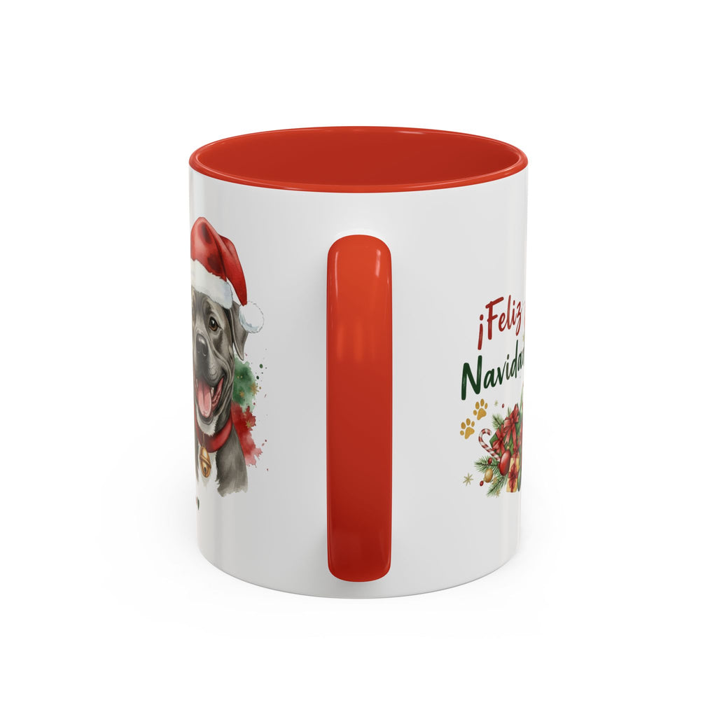 Taza Navideña American Pit Bull Terrier Blue de 325 ml con interior y asa en rojo navideño vista lateral Kiranoa